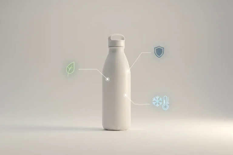 Matte reusable water bottle with subtle icon callouts on a soft gradient background, symbolizing clear product benefits.