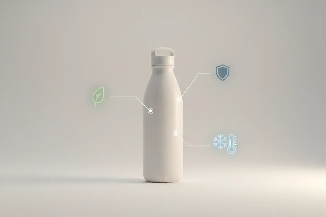 Matte reusable water bottle with subtle icon callouts on a soft gradient background, symbolizing clear product benefits.