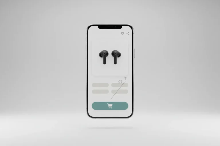 Smartphone showing a clean eCommerce product page with subtle social icons and a cart button on a soft neutral background.