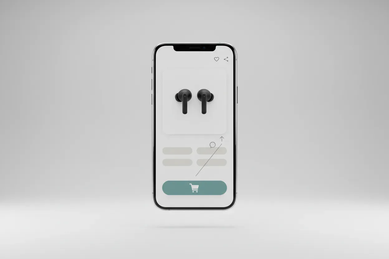 Smartphone showing a clean eCommerce product page with subtle social icons and a cart button on a soft neutral background.