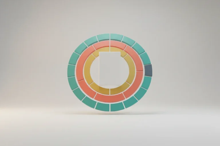 Minimal product box encircled by three segmented rings, one segment pulled out, on a soft neutral background.