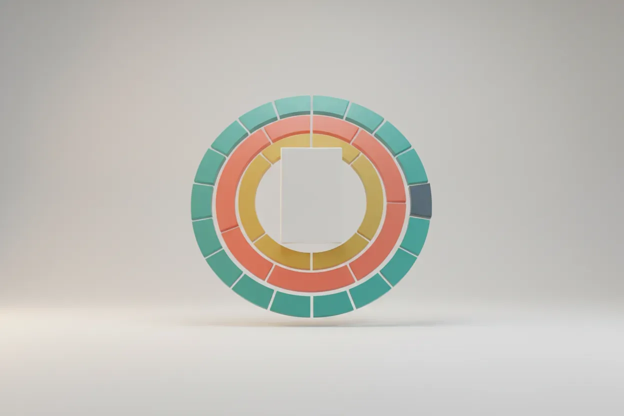 Minimal product box encircled by three segmented rings, one segment pulled out, on a soft neutral background.