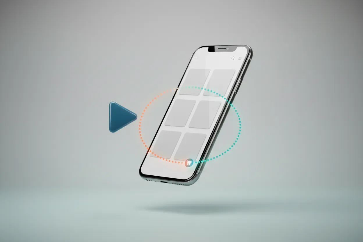 Smartphone on soft gradient; a glowing play icon’s dotted path flows into a product page and cart, symbolizing video driving store traffic.