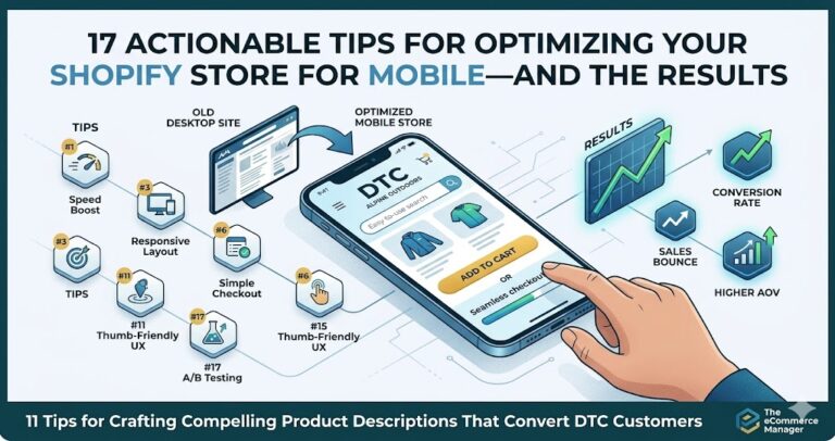 yes create image  Can you create a featured image for the blog post, size it to 1200 pixels wide by 628 pixels tall? 11 Tips for Crafting Compelling Product Descriptions That Convert DTC Customers Make sure it follow th ebrand theme for reference https://ecommercemanager.co/17 Actionable Tips for Optimizing Your Shopify Store for Mobile—and the Results