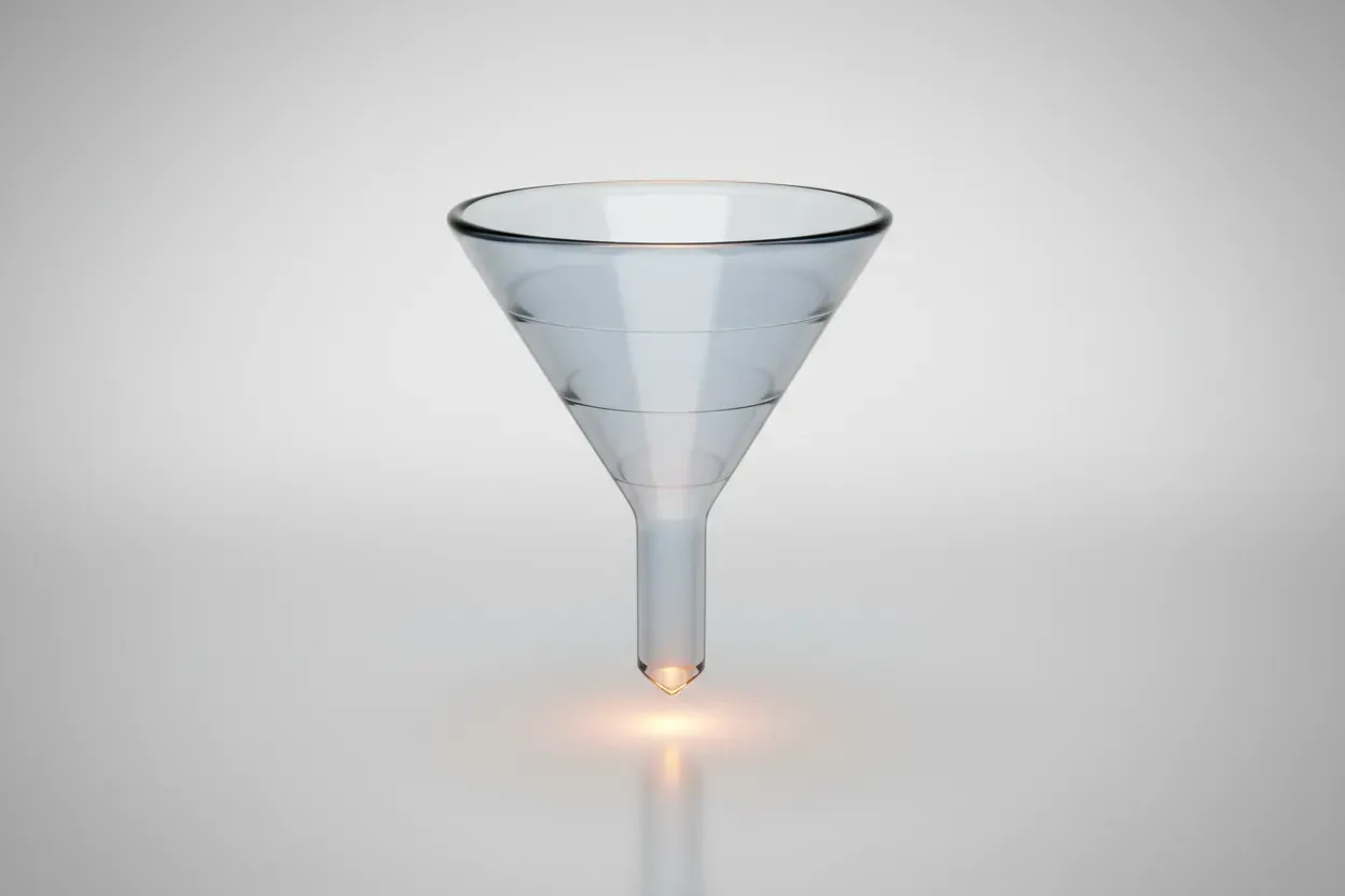 Minimalist glass sales funnel on a soft gradient background, with a glowing tip emphasizing conversion rate.