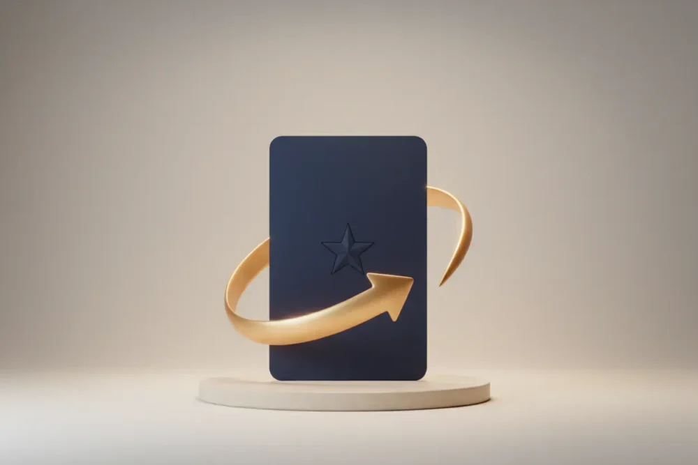 Loyalty card on pedestal, encircled by a glowing looped arrow on a soft neutral background.