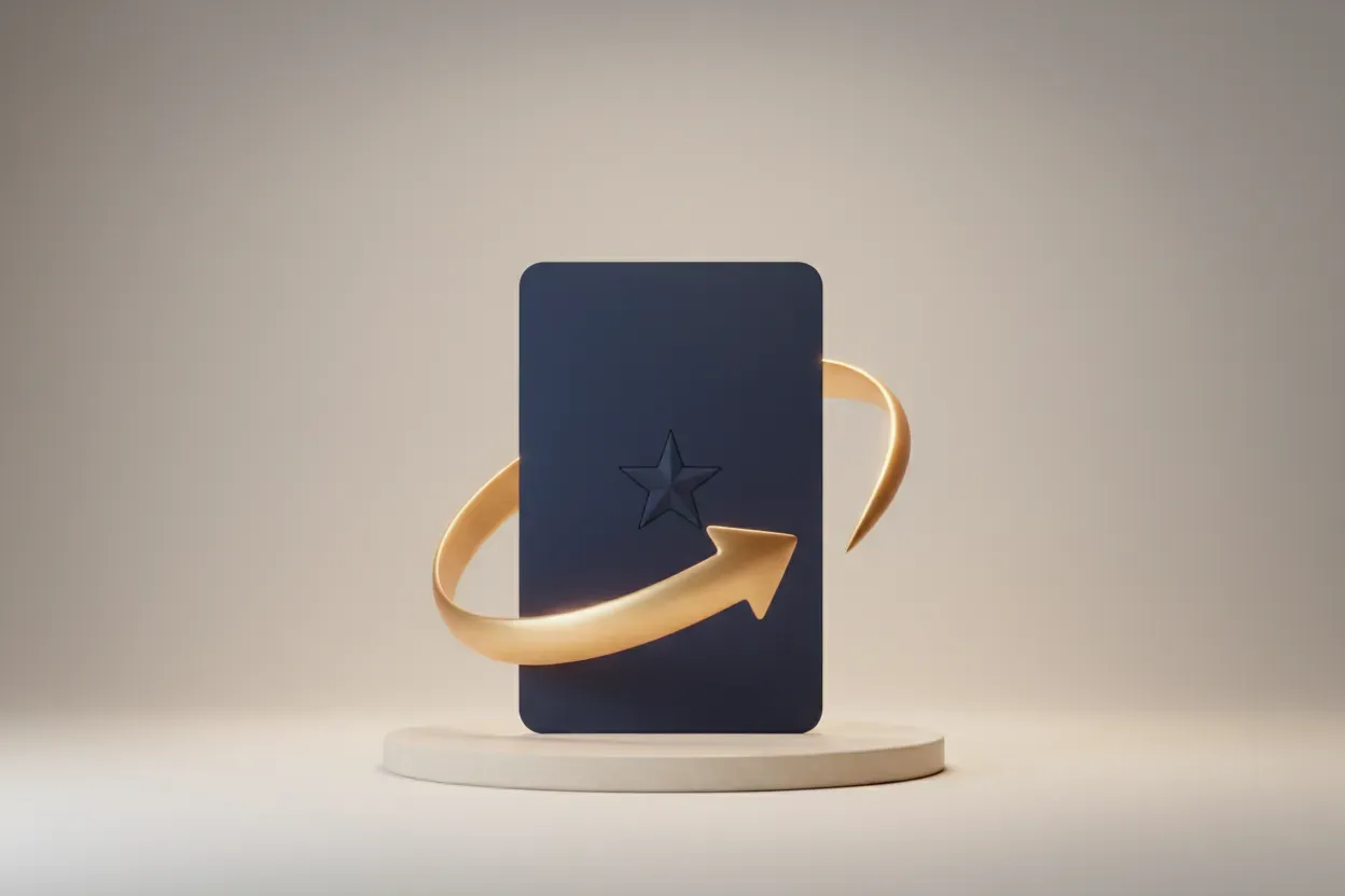 Loyalty card on pedestal, encircled by a glowing looped arrow on a soft neutral background.